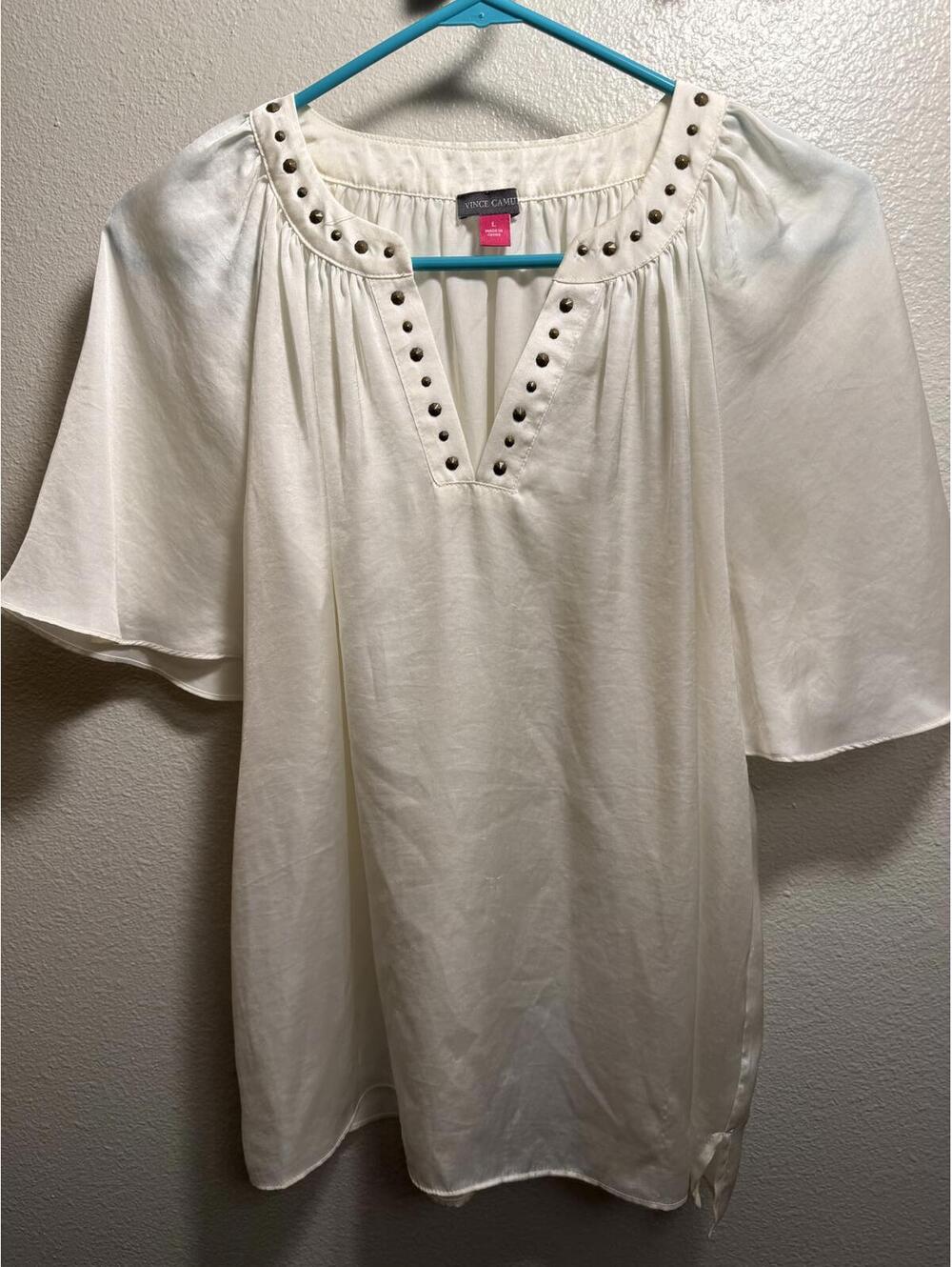 Women's White Blouse with Studded Neckline by Vince Camuto - Size Large